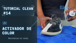 Aplicación del activador de color Clean Lab sobre unas zapatillas negras para revitalizar el tono original y devolverles su aspecto como nuevo.